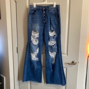 Vibrant Ripped Blue Wide Leg Jeans